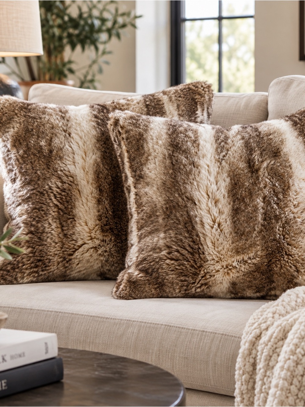Pottery Barn Faux Fur Throw Pillow Covers in Brown and Cream Set of 2